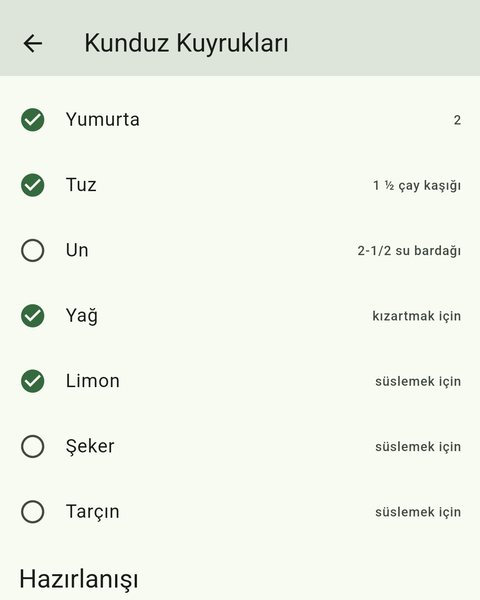 Mutfak tarif detayı ve malzemeler
